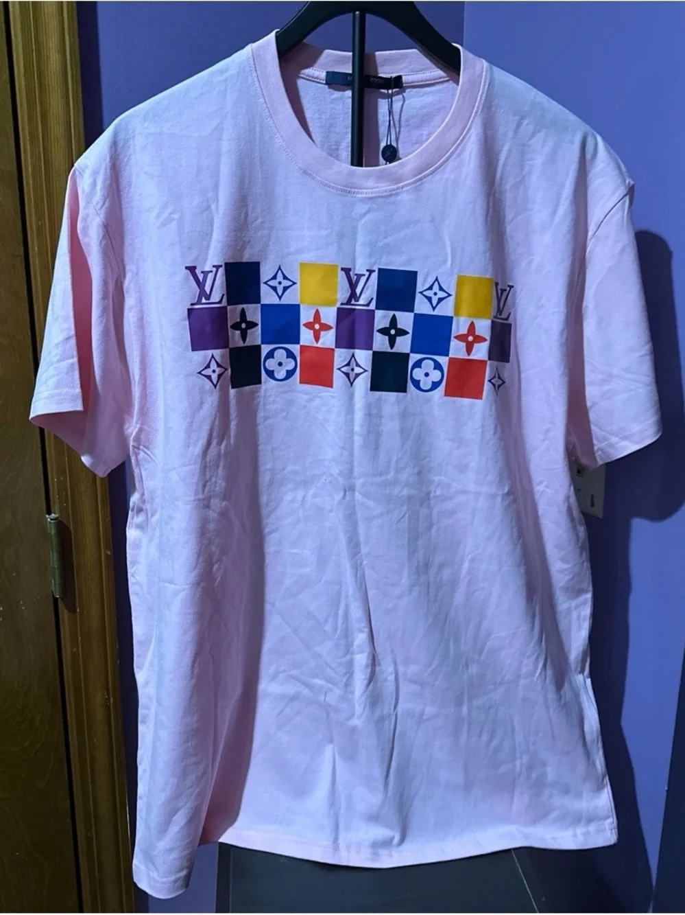 Louis Vuitton Pink Multicolor Logo Grid Tee